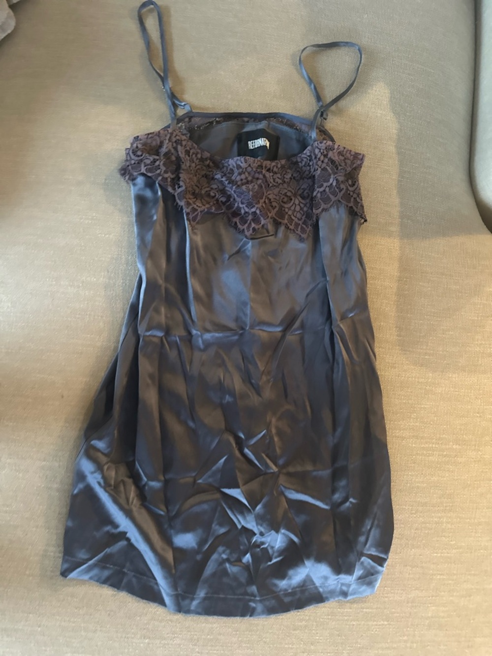 Reformation Silk Slip Dress in Charcoal Gray with Lace Trim